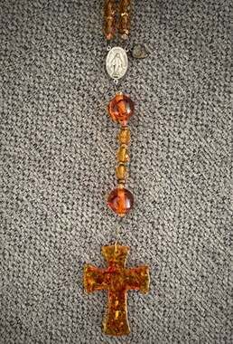 Handmade Amber Faceted Glass Rosary– Large Amber Cross– Miraculous Medal